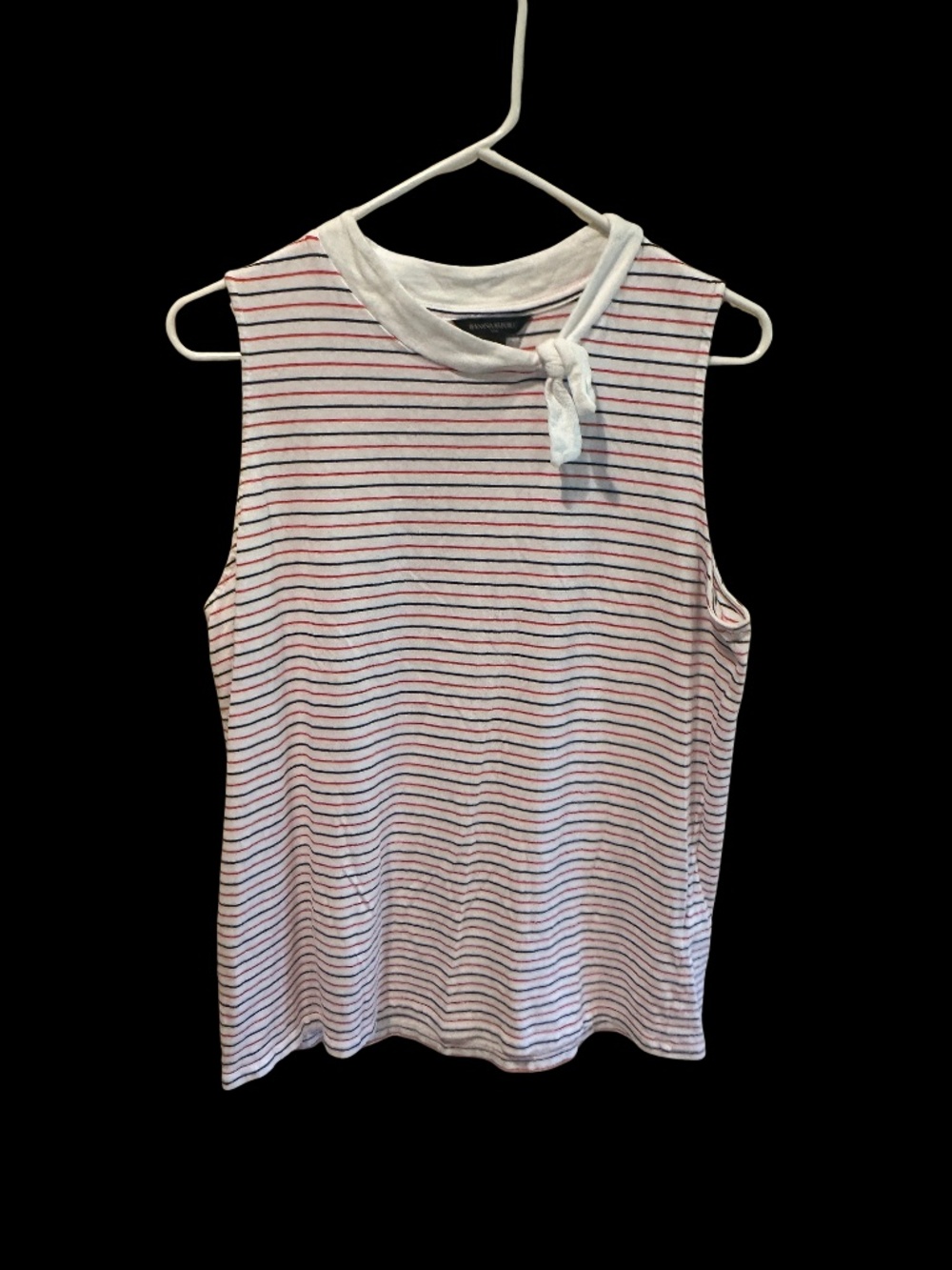 Women’s Banana Republic Sleeveless Striped Top Tie Neck White Red Blue Size L